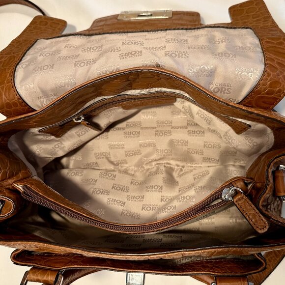 MICHAEL Michael Kors Sloan Croc Embossed Mocha Leather Silver Shoulder Satchel - Picture 12 of 15